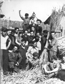 Pioneering immigrants to Palestine, graduates of the agricultural pioneering training program (hachshara) in Grochow. Photographed in 1934